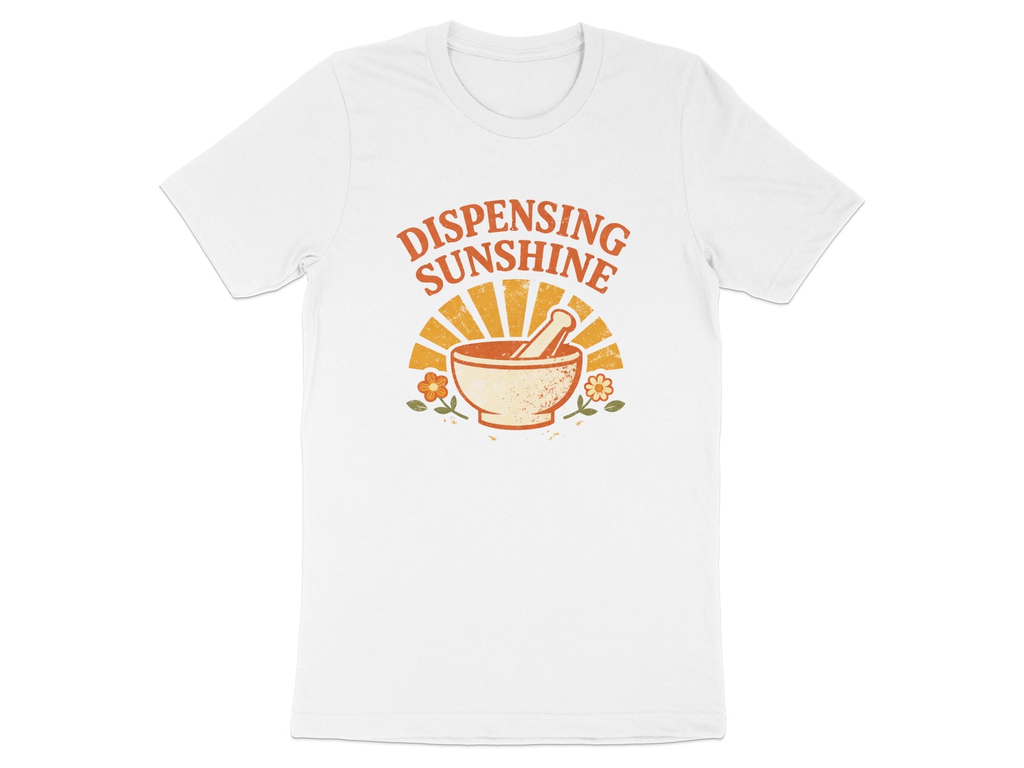 White t-shirt with "DISPENSING SUNSHINE" text and a mortar and pestle.