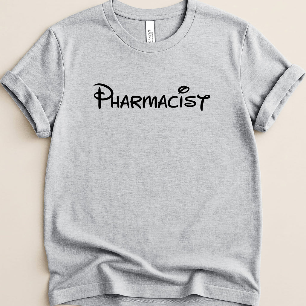 Gray t-shirt with "Pharmacist" in a Disney-style font.