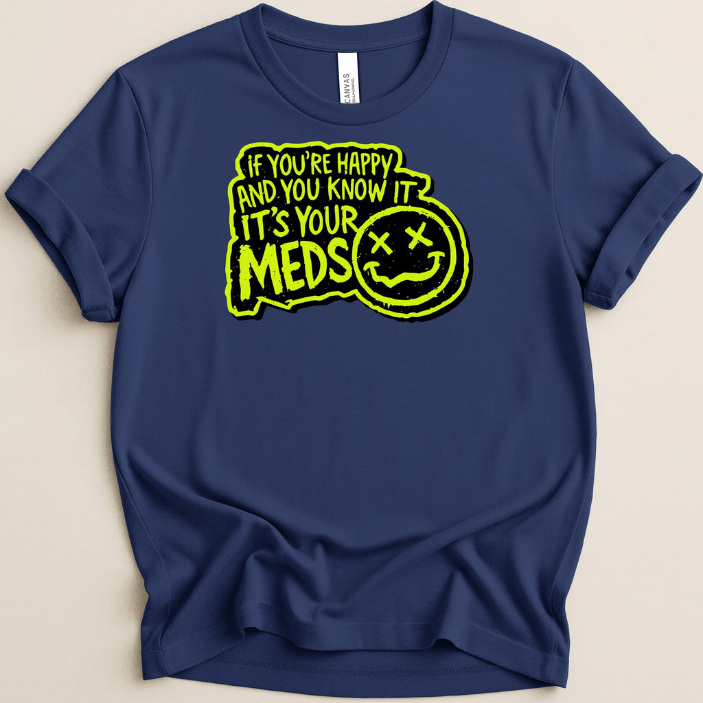 Navy t-shirt with bright yellow graphic text and smiley face.