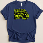 Navy t-shirt with bright yellow graphic text and smiley face.