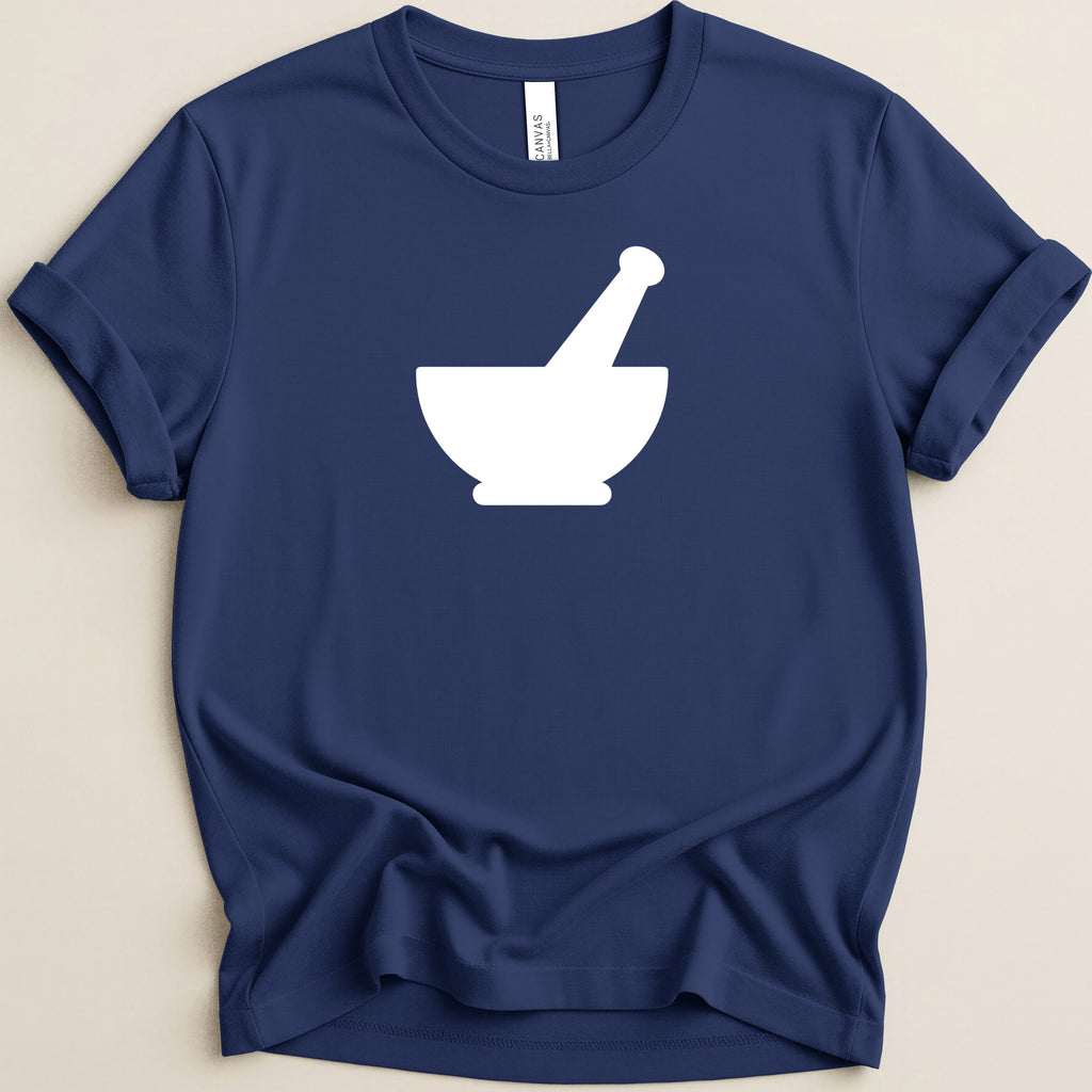 Navy blue t-shirt with a white mortar and pestle graphic on the front.