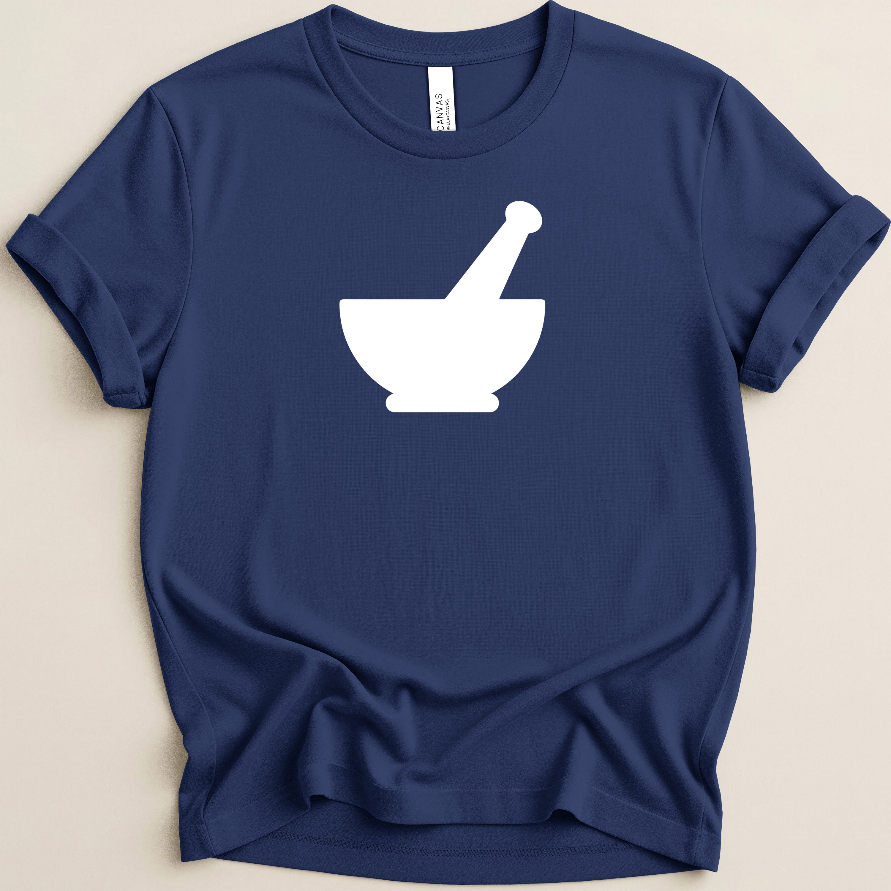Navy blue t-shirt with a white mortar and pestle graphic on the front.