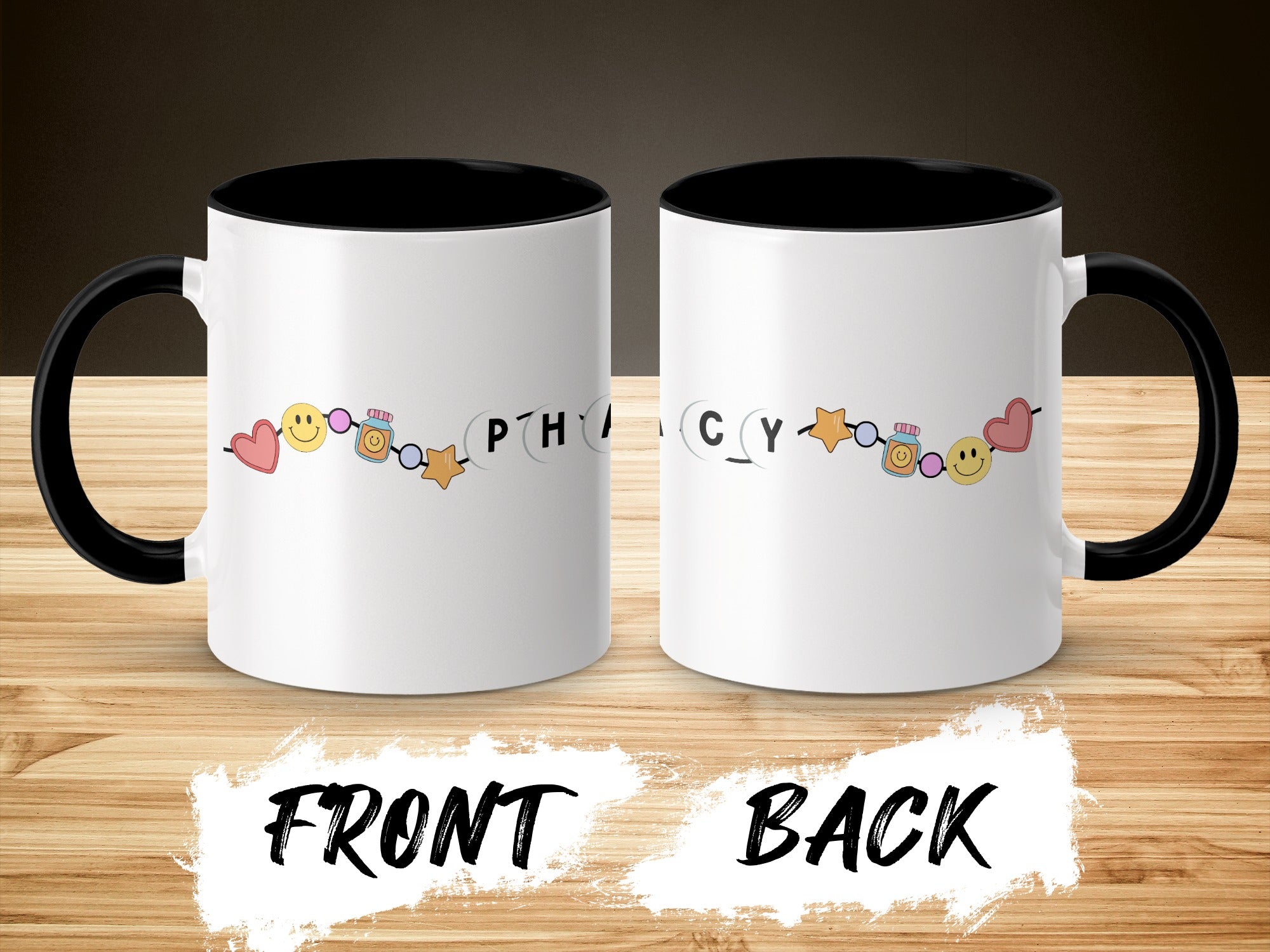 White mug with black interior and handle, featuring colorful cartoon science icons.