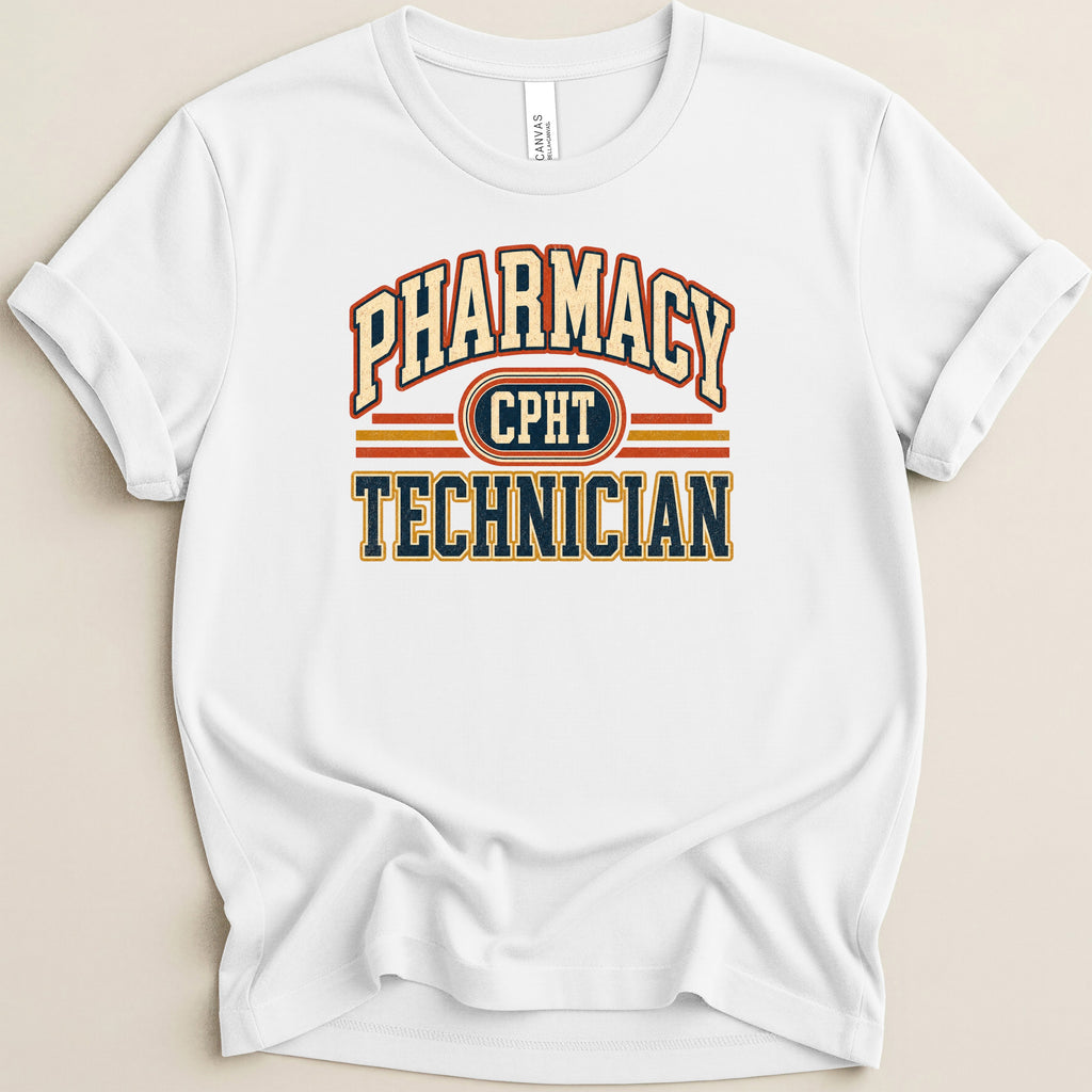 White t-shirt with "Pharmacy Technician CPHT" text in arched red and blue lettering.