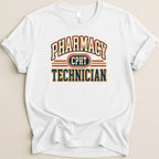 White t-shirt with "Pharmacy Technician CPHT" text in arched red and blue lettering.
