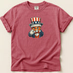 T-shirt with cartoon Uncle Sam pointing finger, wearing patriotic hat and suit.
