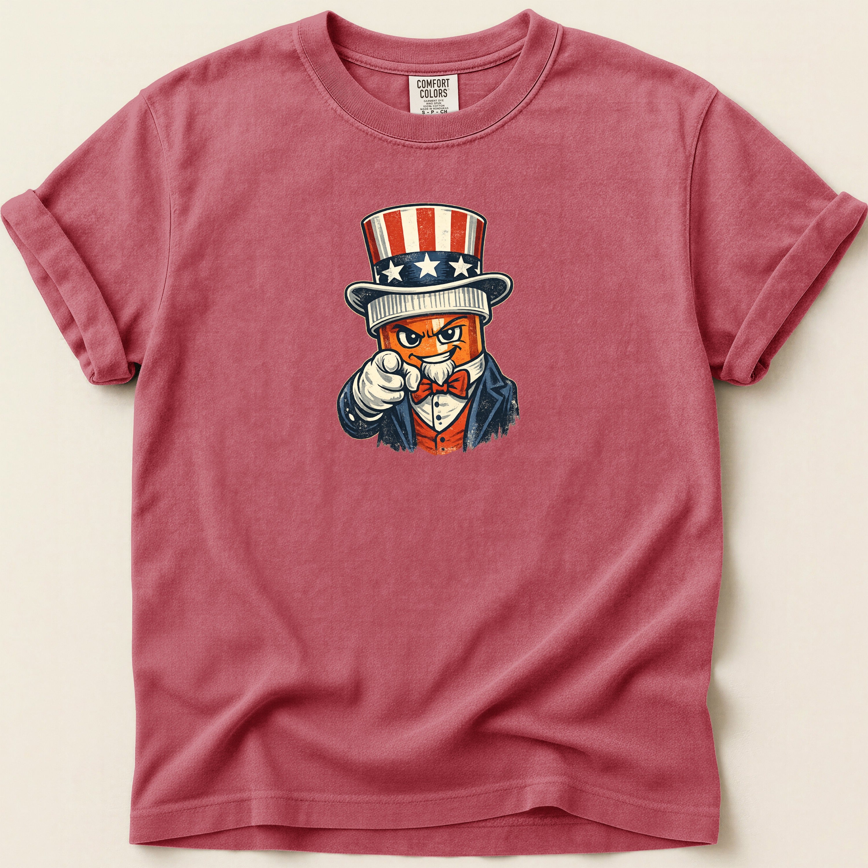 T-shirt with cartoon Uncle Sam pointing finger, wearing patriotic hat and suit.