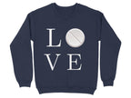 Navy sweatshirt with "LO VE" text and a pill graphic.