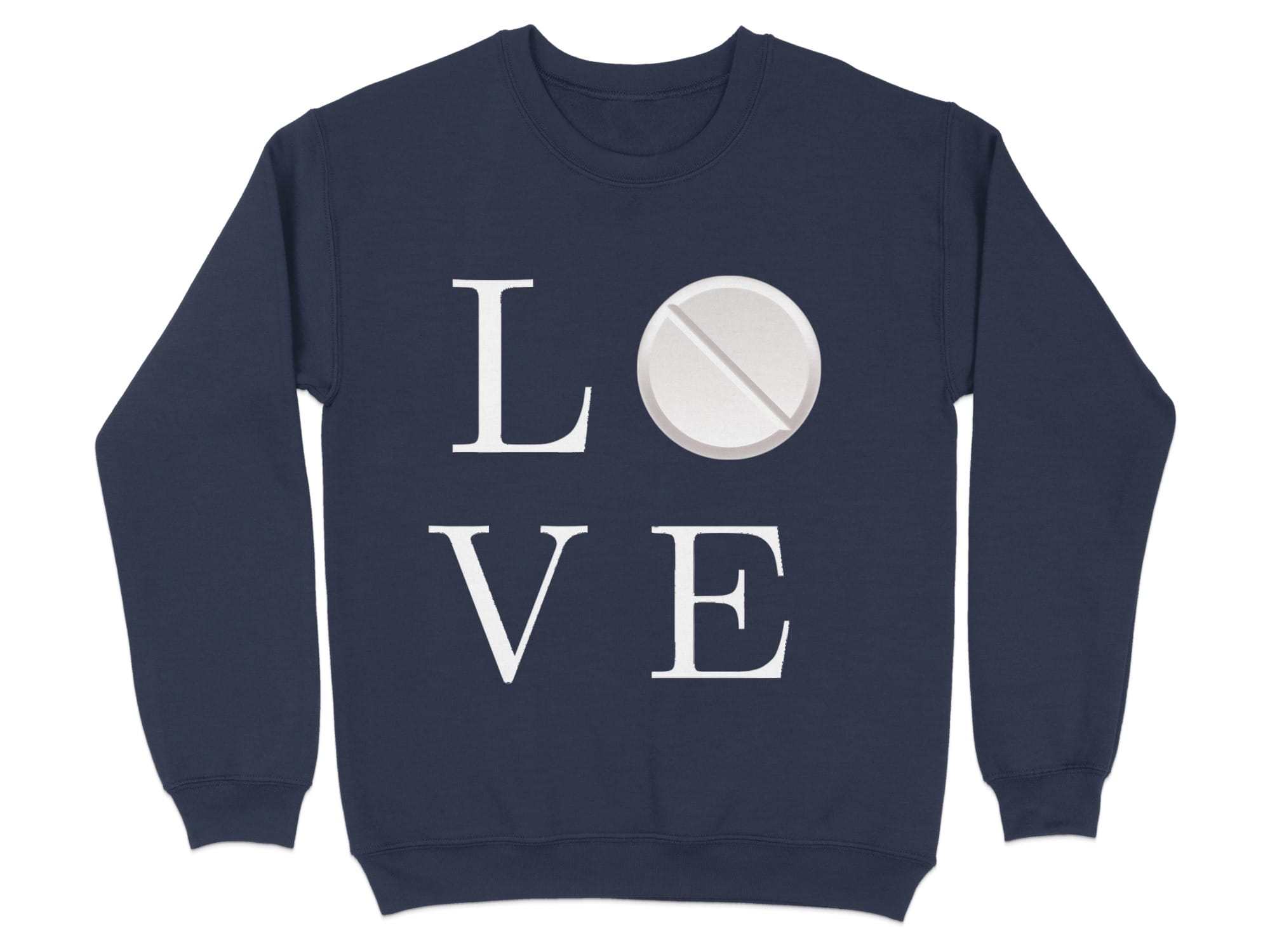 Navy sweatshirt with "LO VE" text and a pill graphic.