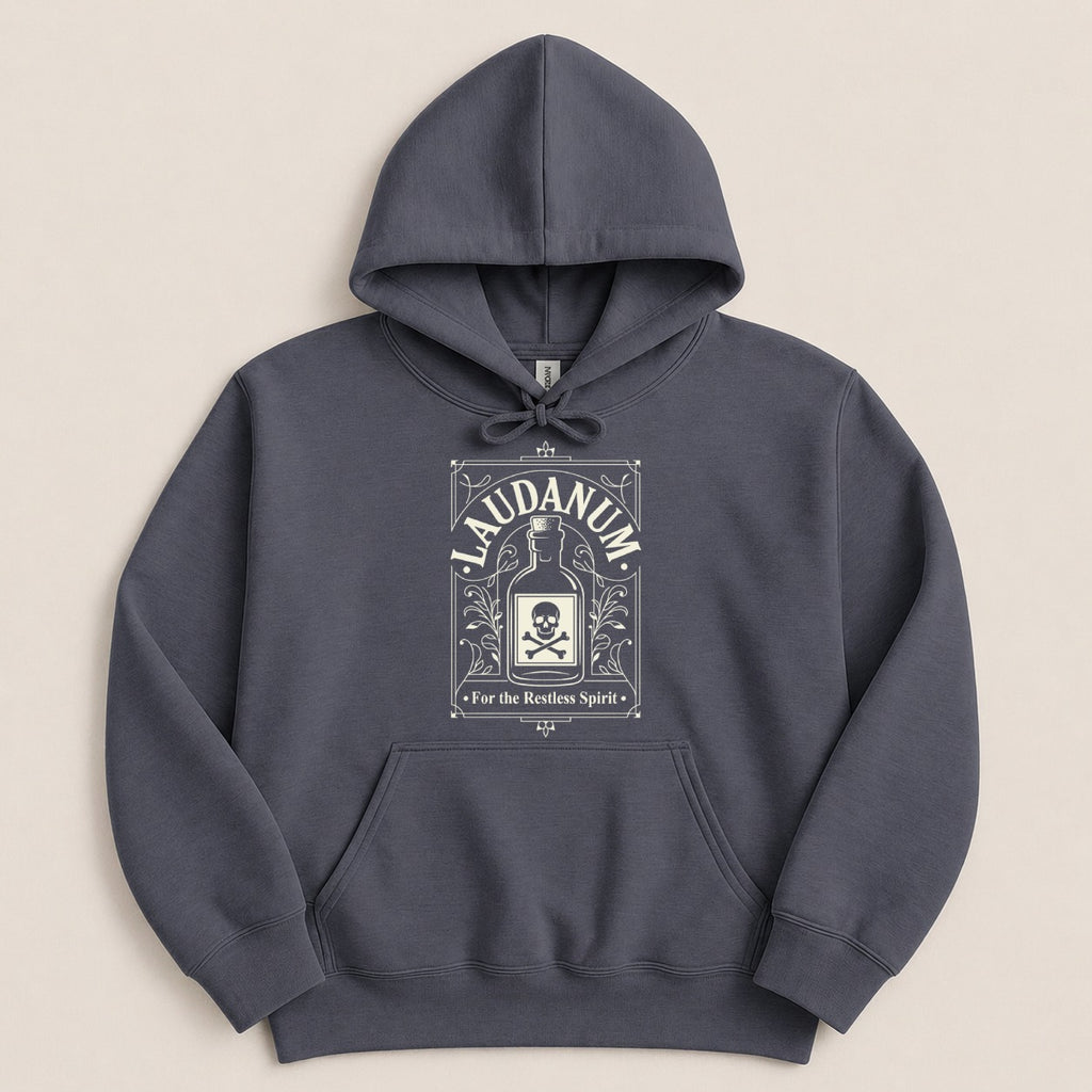 Dark gray hoodie with a circular white design featuring a skull inside a bottle labeled "LAUDANUM".
