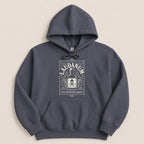 Dark gray hoodie with a circular white design featuring a skull inside a bottle labeled "LAUDANUM".