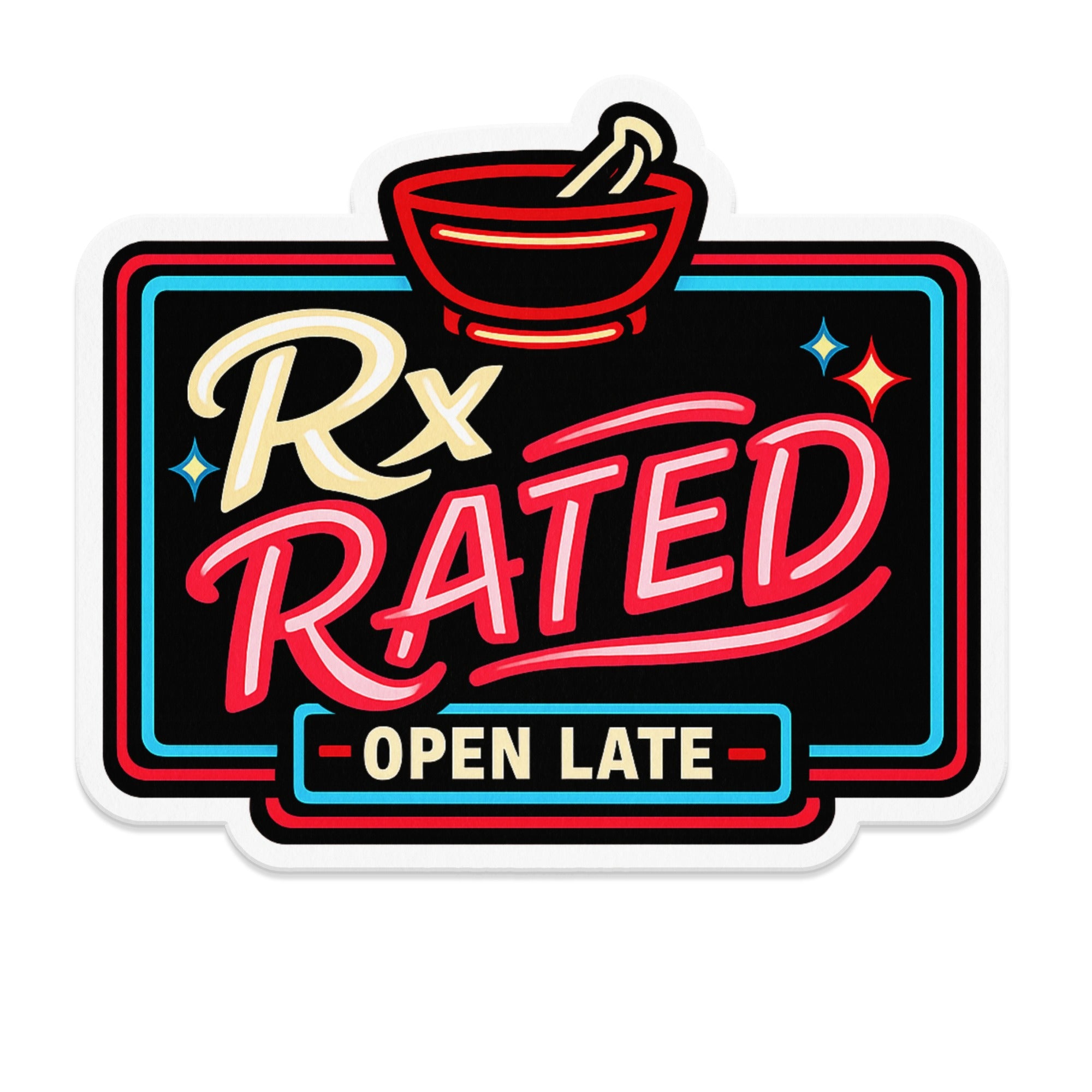 Rx Rated sign with mortar and pestle, open late.