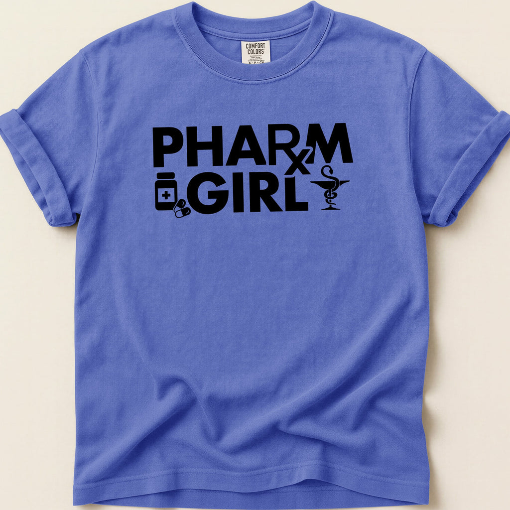 Purple t-shirt with "PHARM GIRL" text and medical icons.