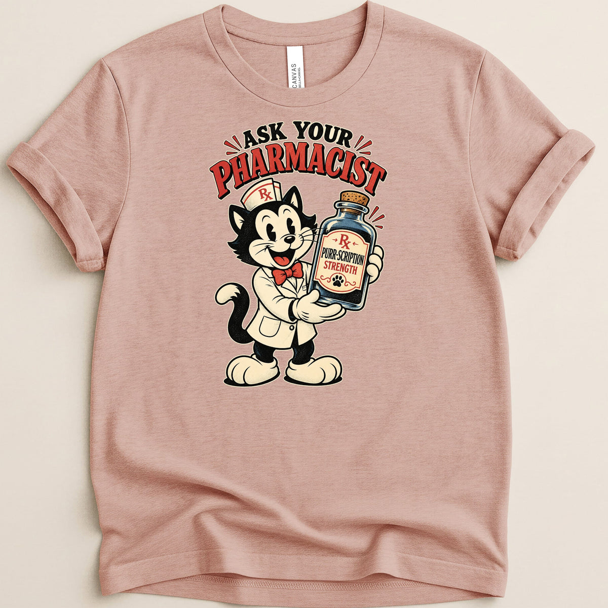 Cartoon cat pharmacist holding a bottle labeled "Purr-scription Strength".