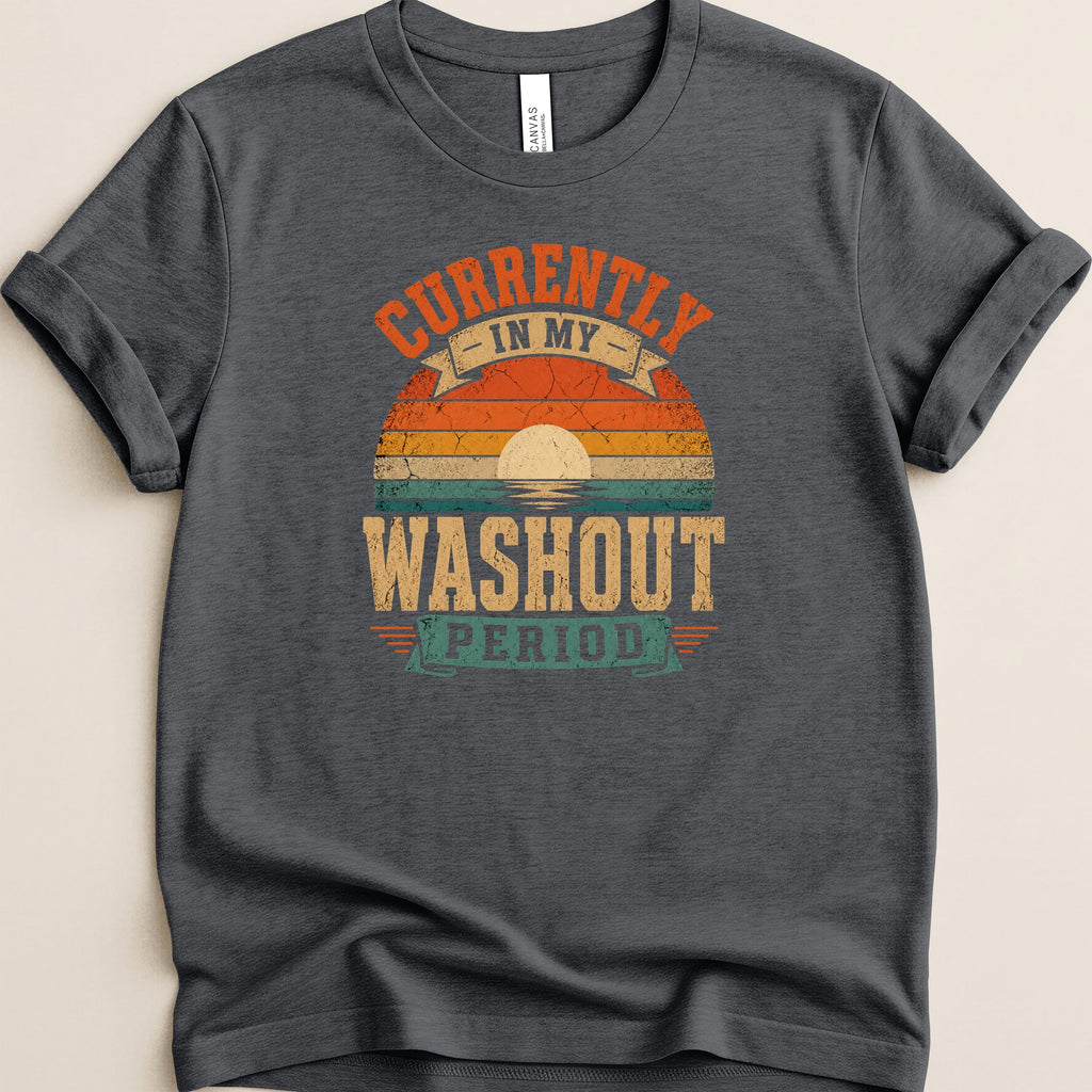 Dark gray t-shirt with "Currently in my washout period" sunset graphic.
