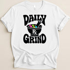 White t-shirt with "DAILY GRIND" text and a mortar and pestle with pills.