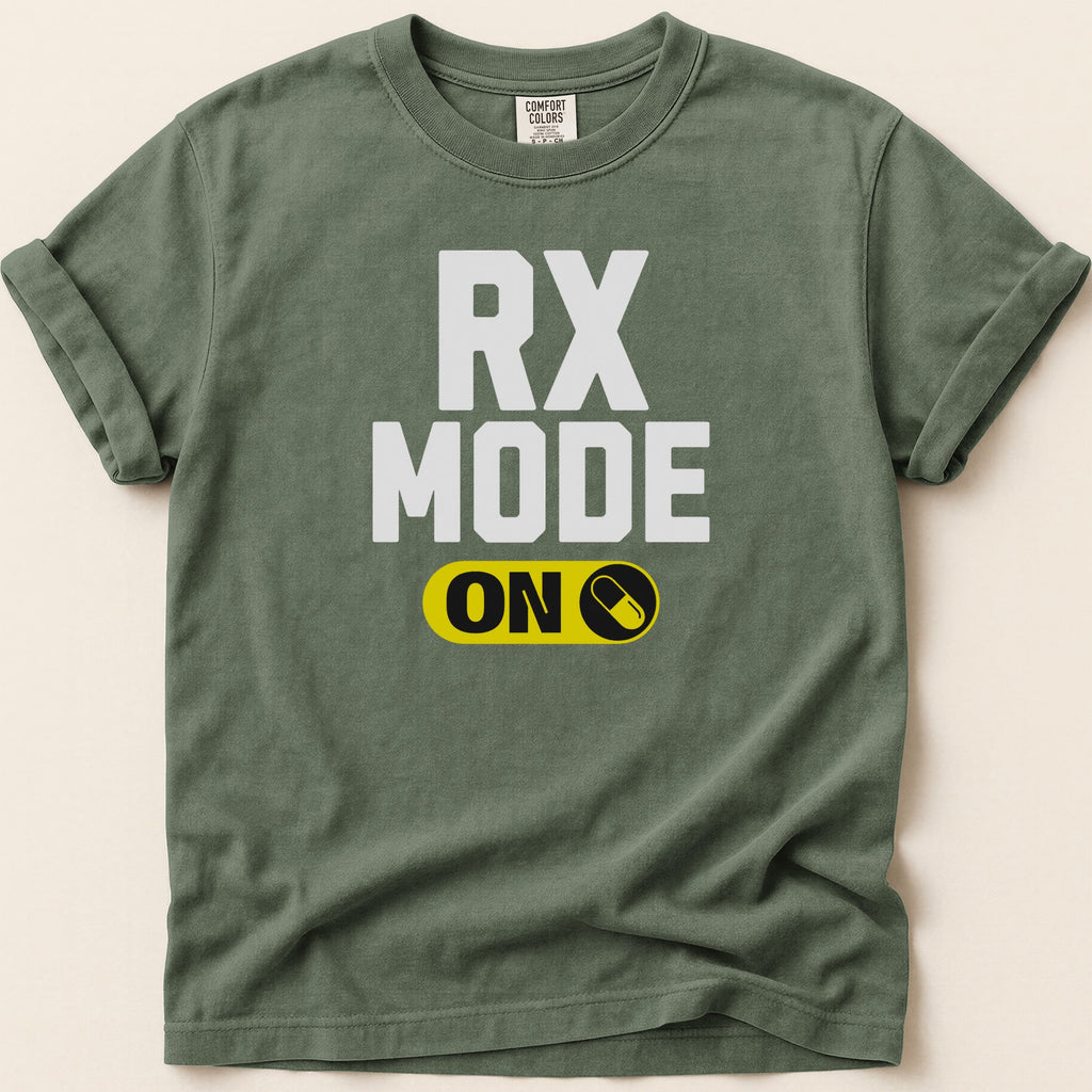 Green t-shirt with "RX MODE ON" text and a yellow pill icon.