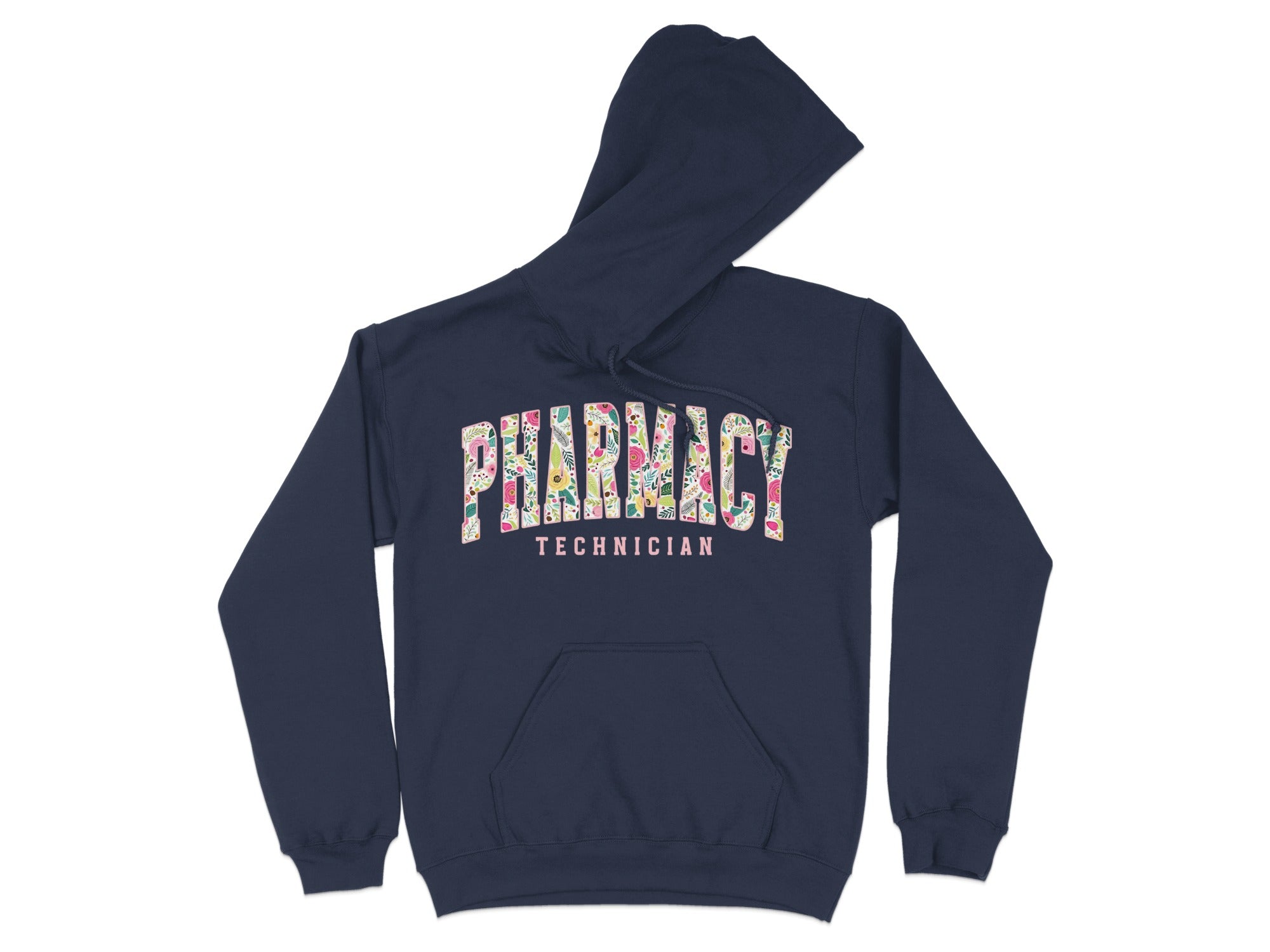 Navy hoodie with "Pharmacy Technician" text and floral design.