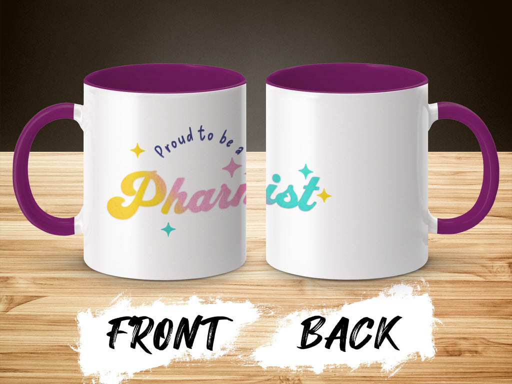 White mug with purple handle and interior, features "Proud to be a Pharmacist" text.