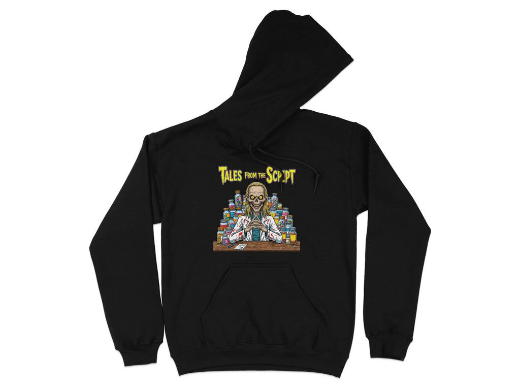 Black hoodie with "Tales from the Script" skull graphic and medicine bottles.