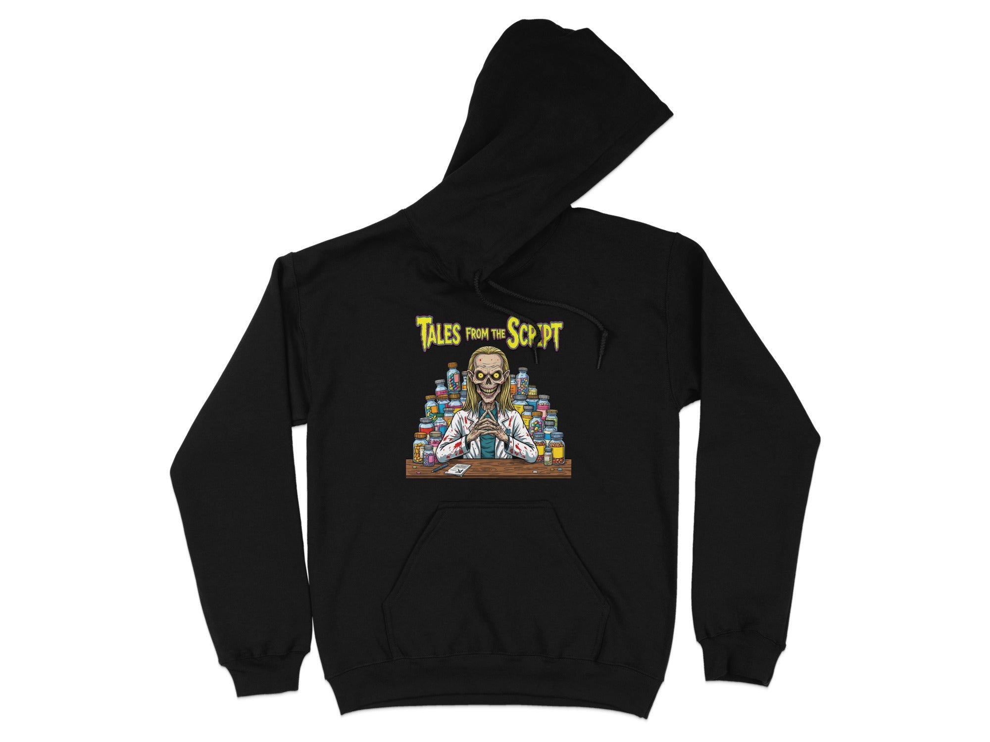 Black hoodie with "Tales from the Script" skull graphic and medicine bottles.