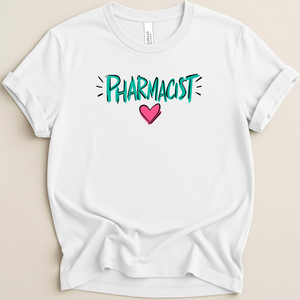 White t-shirt with "Pharmacist" text and a pink heart graphic.