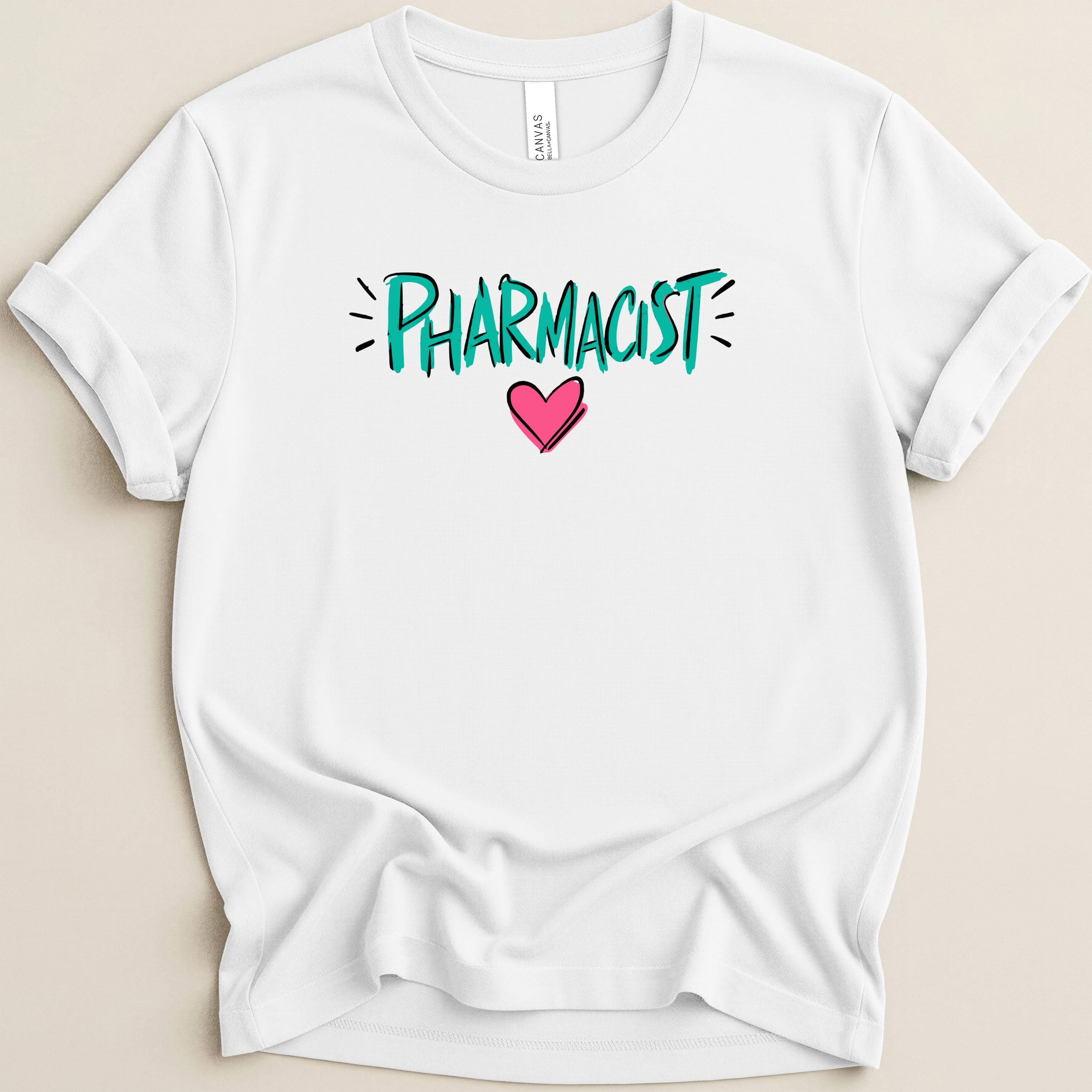 White t-shirt with "Pharmacist" text and a pink heart graphic.