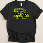 Black t-shirt with neon green text and smiley face graphic.