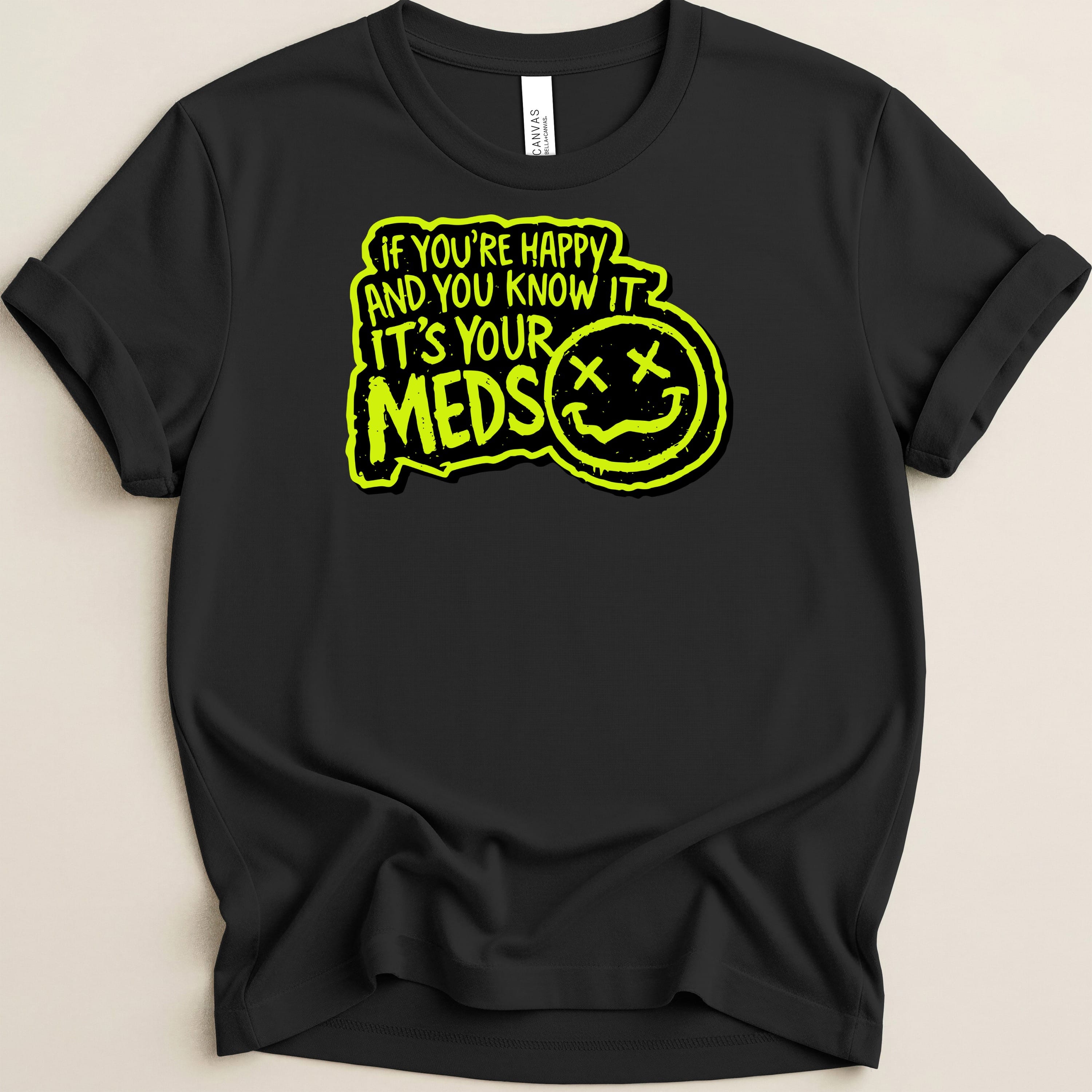 Black t-shirt with neon green text and smiley face graphic.