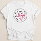 White t-shirt with "Pharmacy Life" text in a heart design.