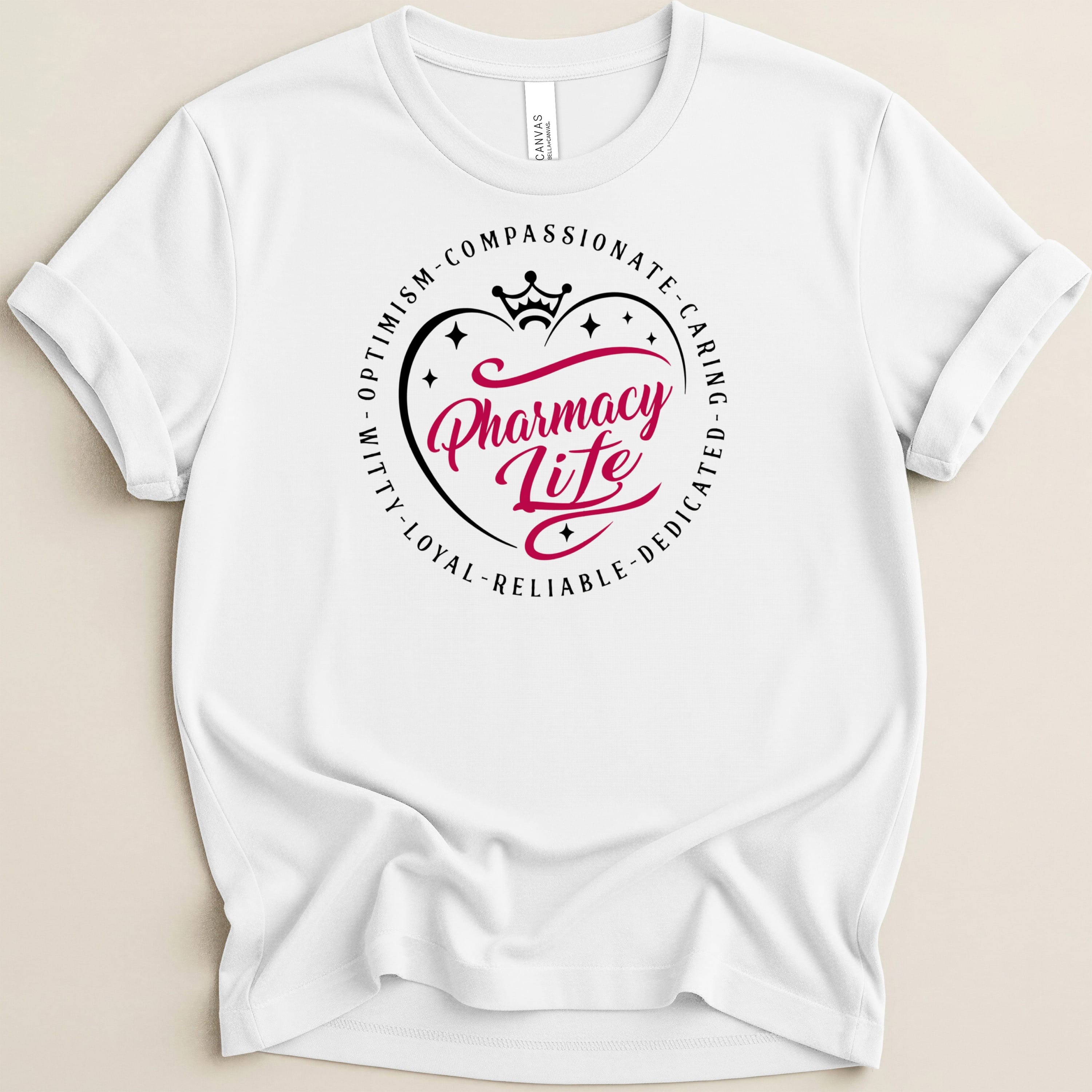 White t-shirt with "Pharmacy Life" text in a heart design.