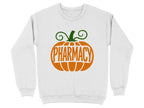 White sweatshirt with an orange pumpkin graphic that says "Pharmacy".