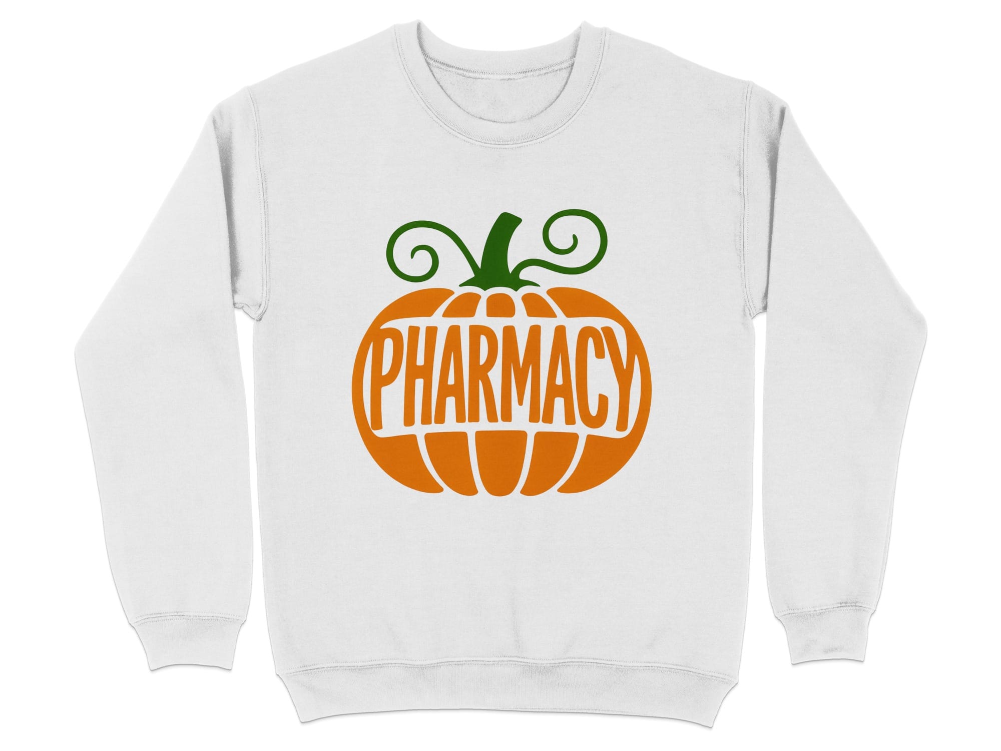 White sweatshirt with an orange pumpkin graphic that says "Pharmacy".