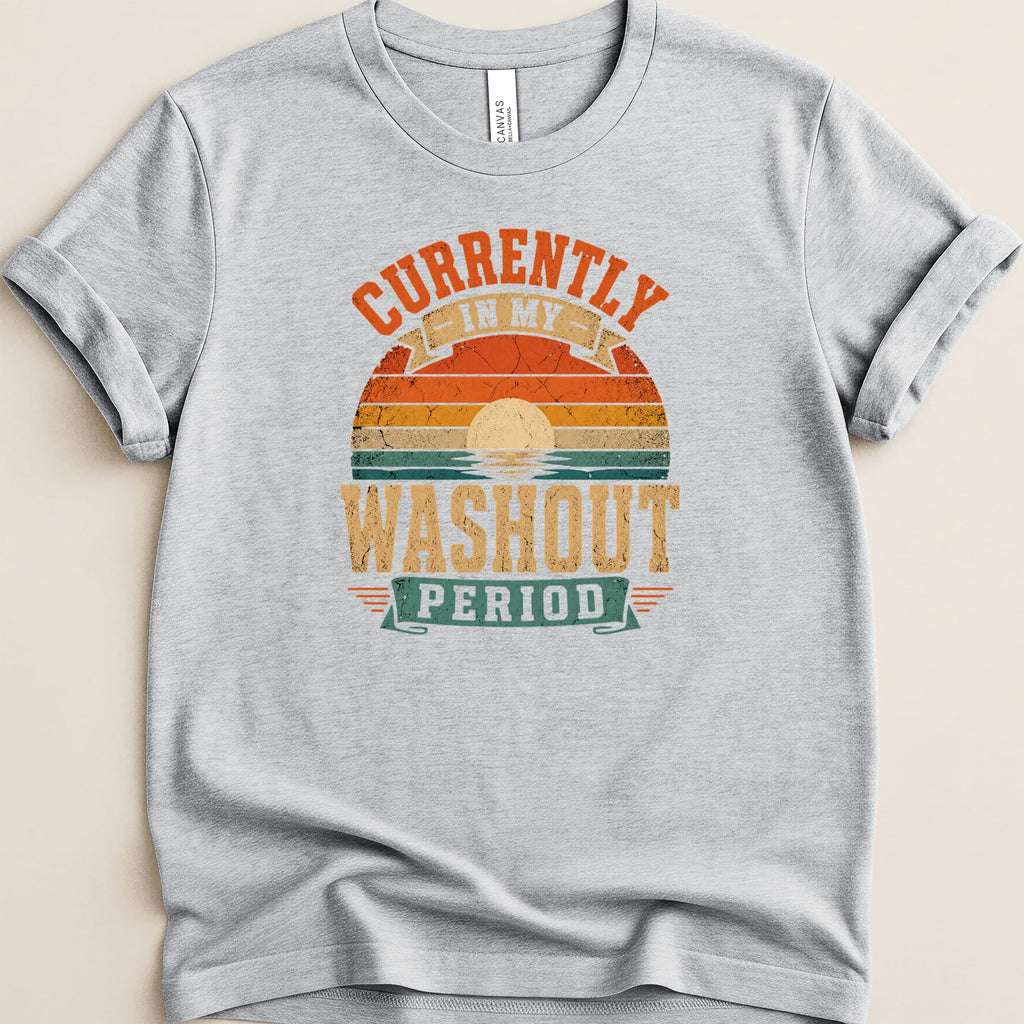 Grey t-shirt with "Currently in my washout period" text and retro sunset graphic.