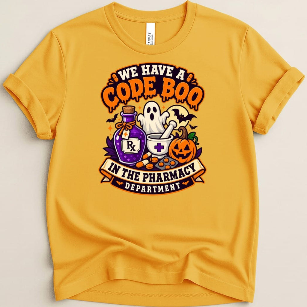 Yellow t-shirt with Halloween pharmacy graphic: "We Have a Code Boo in the Pharmacy Department".