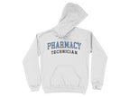 White hoodie with "PHARMACY TECHNICIAN" text across the chest.