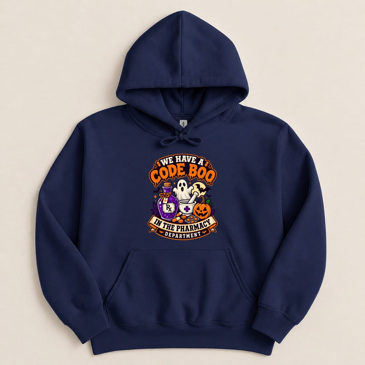 Navy hoodie with Halloween pharmacy graphic: "We Have a Code Boo"