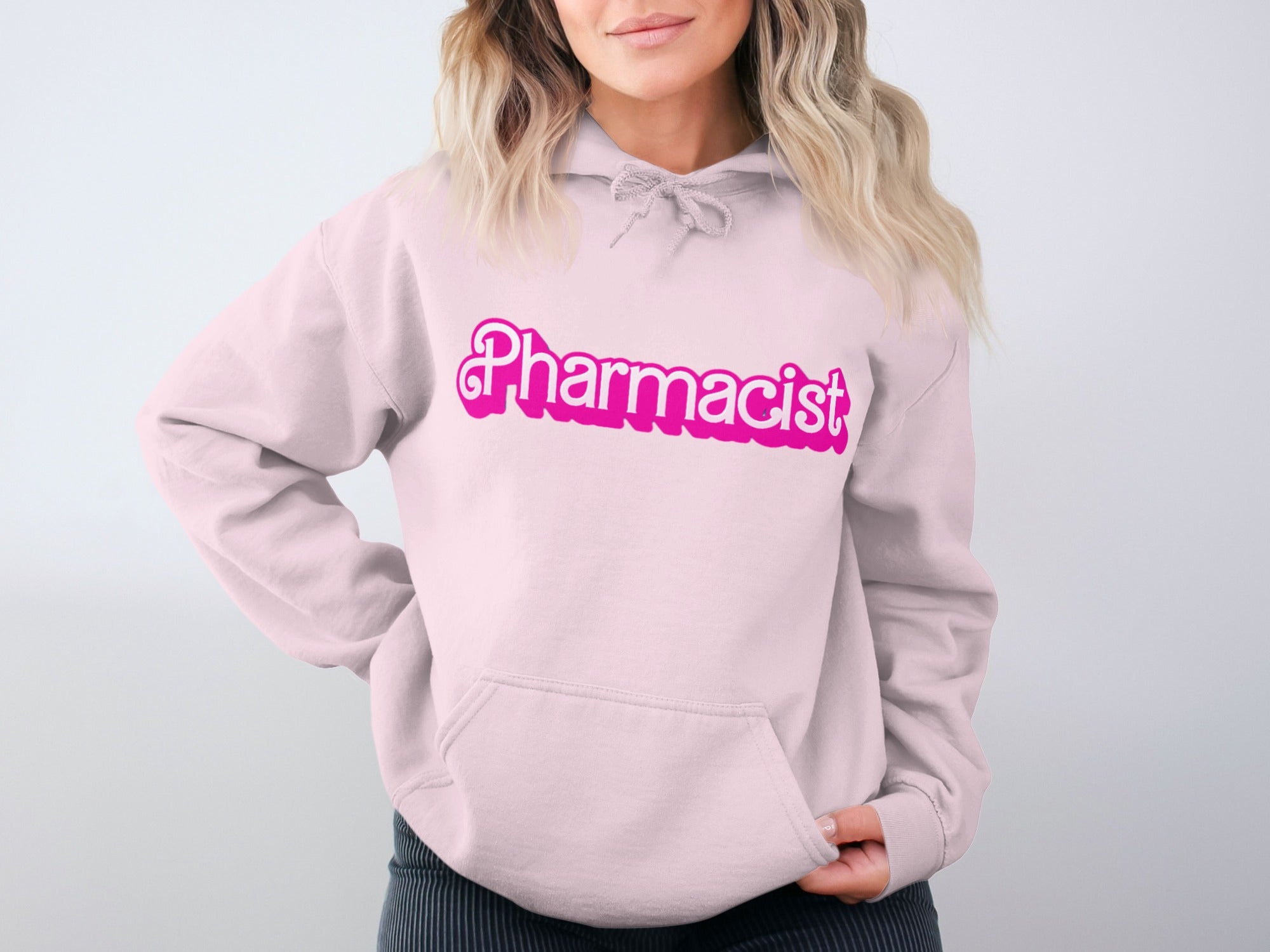Pharmacist Hoodie Pink Text on White Background