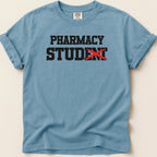 T-shirt with "PHARMACY STUDENT" text, red X over "ENT".