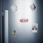 Sticker that says "DRUG DEALER" and a potted plant sticker on a refrigerator.