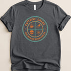 T-shirt with "Caffeine, Chaos, Controlled Substances" text and science symbols.