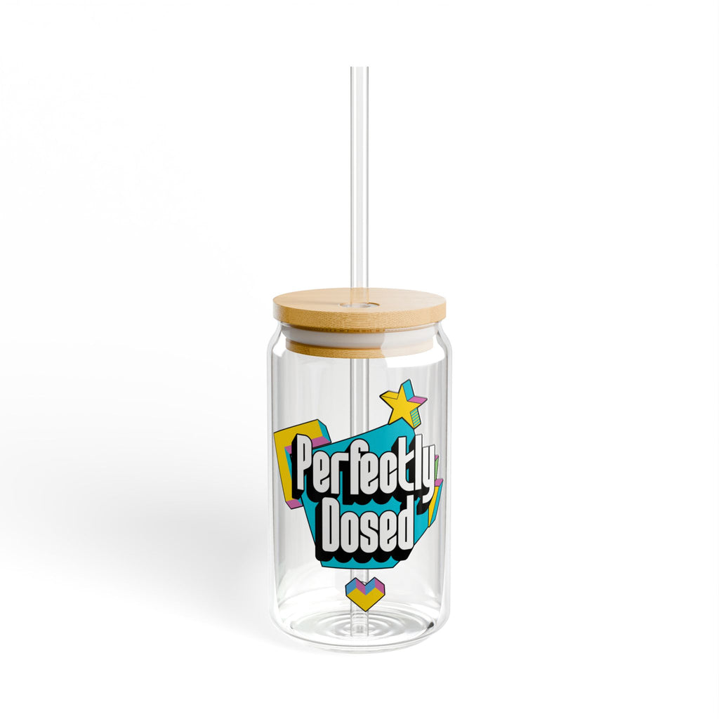 Glass tumbler with bamboo lid, straw, and "Perfectly Dosed" text and stars.