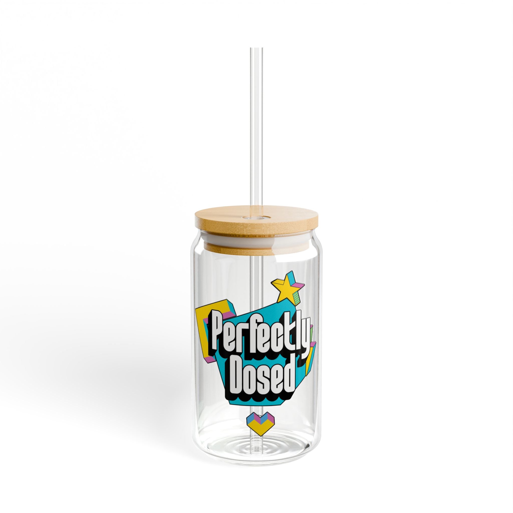 Glass tumbler with bamboo lid, straw, and "Perfectly Dosed" text and stars.