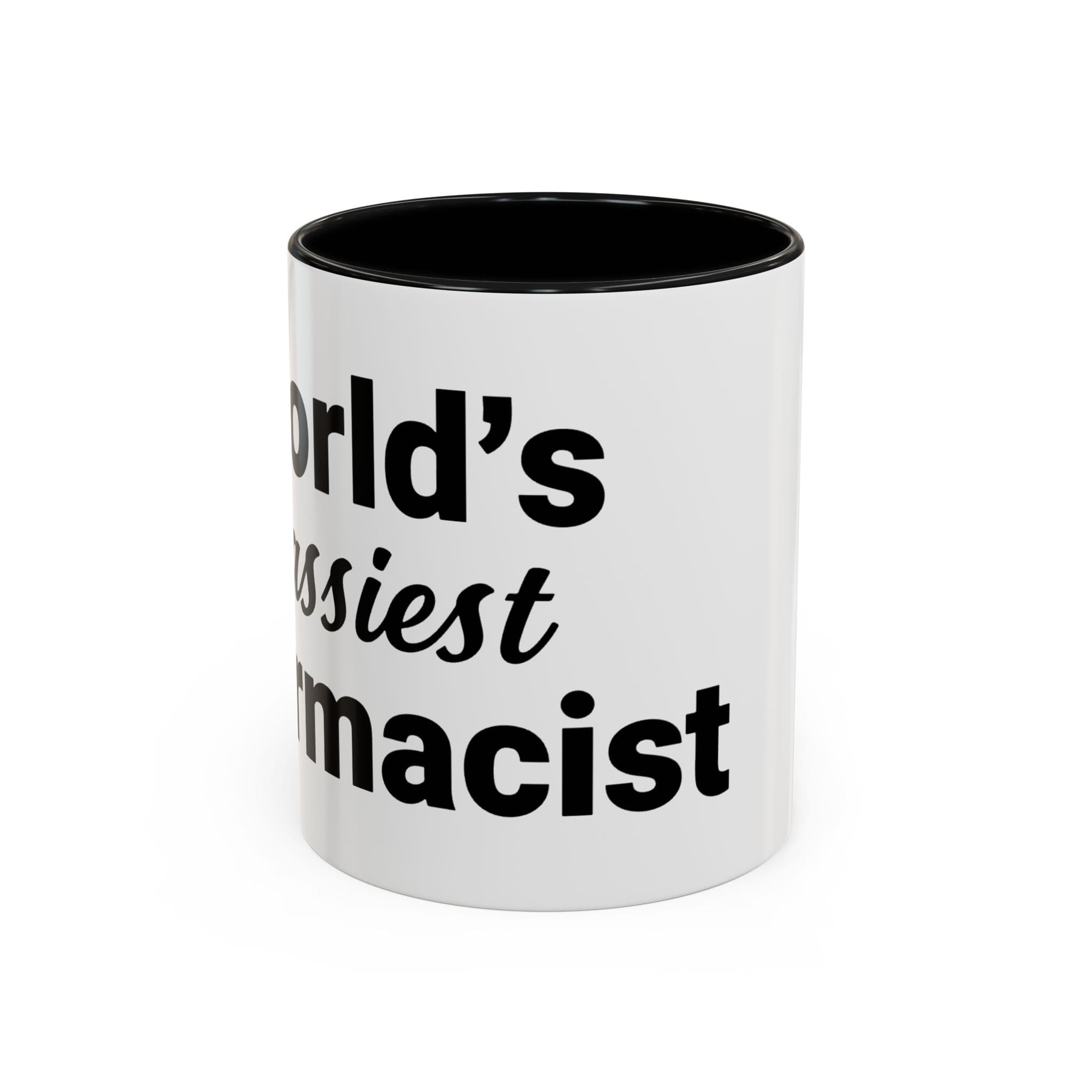 White mug with black interior and "World's Sassiest Pharmacist" text.