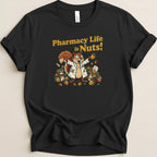 Squirrel in lab coat surrounded by pills and acorns, text reads "Pharmacy Life is Nuts!".