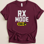 Maroon t-shirt with "RX MODE ON" and a pill icon.