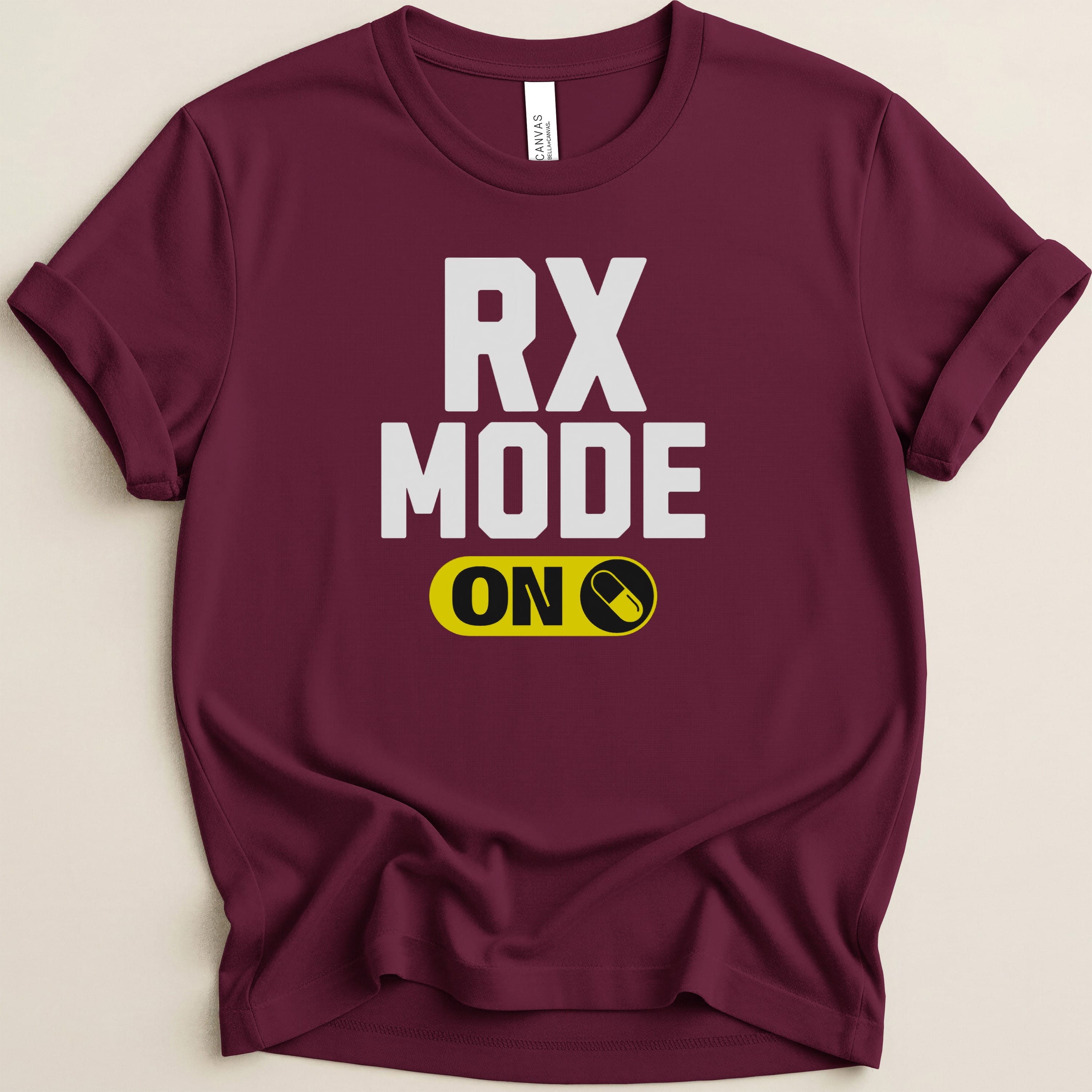 Maroon t-shirt with "RX MODE ON" and a pill icon.