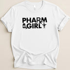 White t-shirt with black text "PHARM GIRL" and medical symbols.