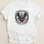 White t-shirt with eagle, caduceus, and "Pharmacy Legend Est. 1776" text.