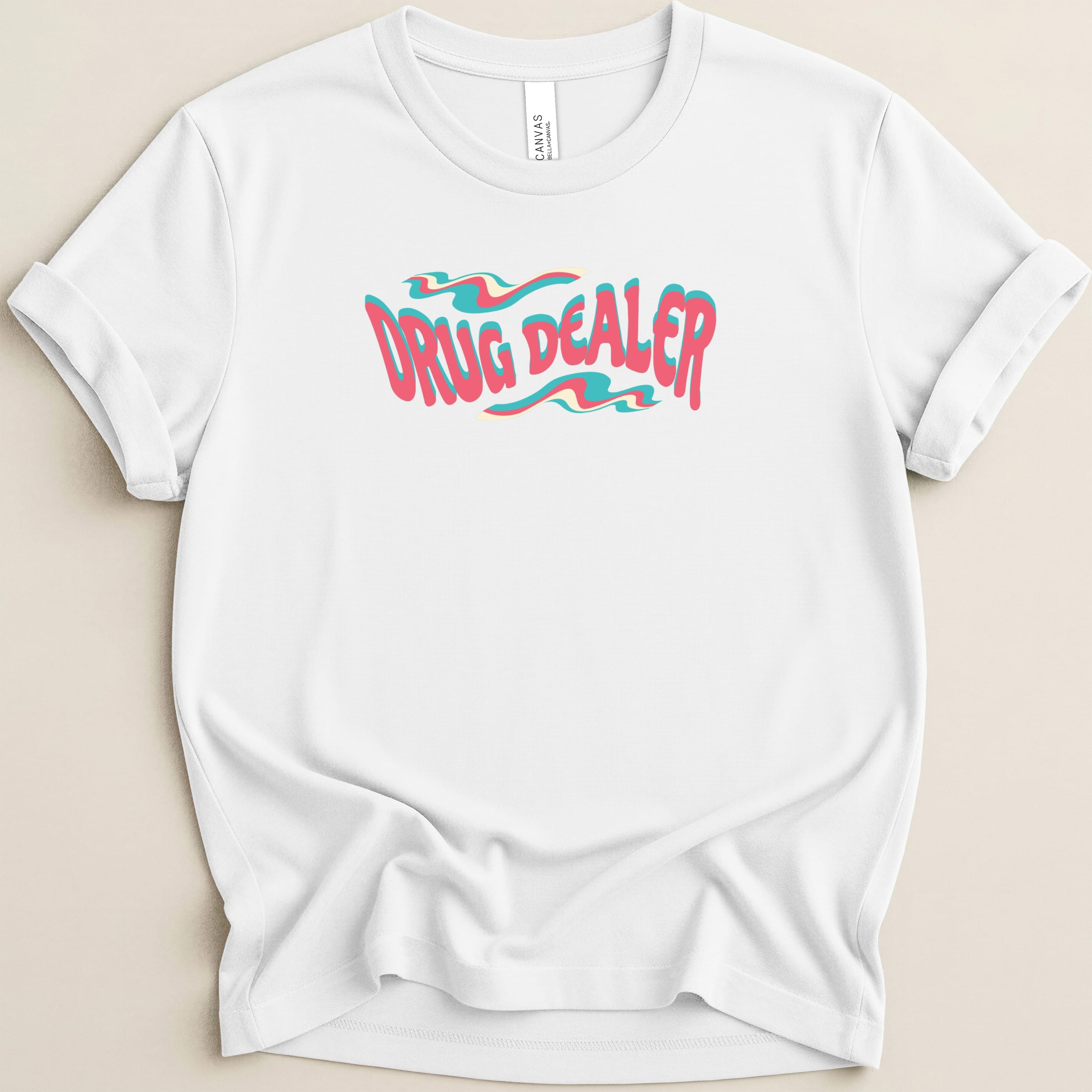 White t-shirt with "DRUG DEALER" text in wavy pink and blue lettering.